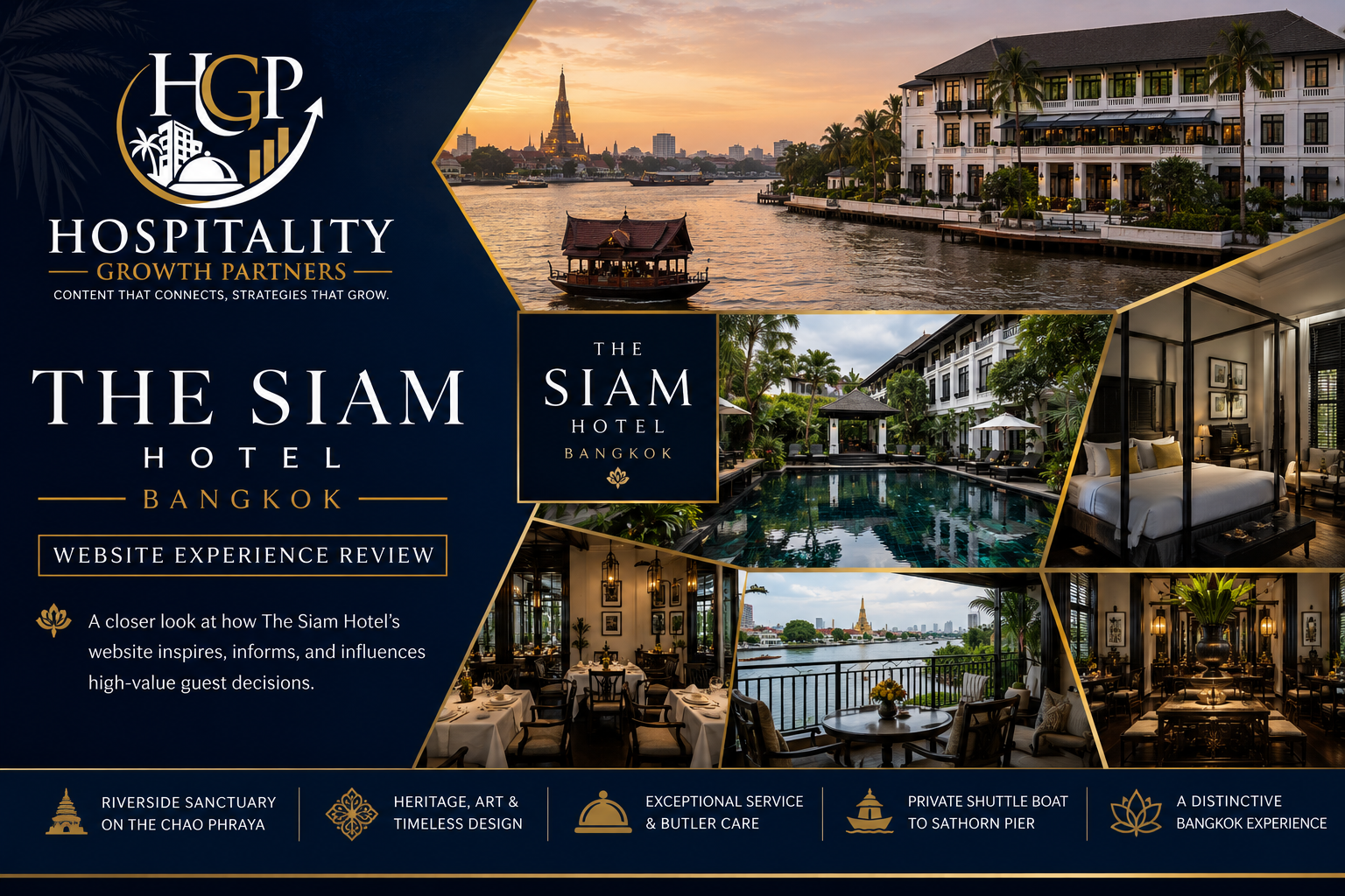 The Siam Hotel Bangkok website experience review hero banner featuring the HGP Hospitality Growth Partners logo, riverside Bangkok views, The Siam Hotel, pool, luxury guest room and dining imagery, highlighting heritage design, exceptional service, private shuttle access and its distinctive Chao Phraya riverside setting.