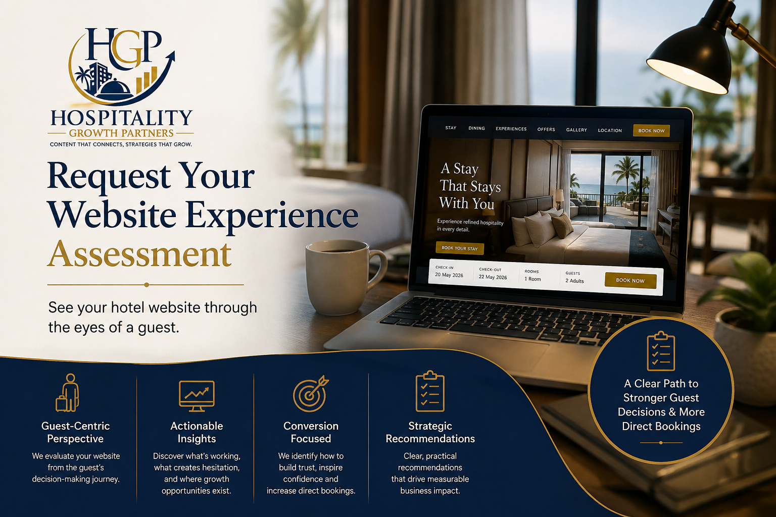 Hospitality Growth Partners Website Experience Assessment hero banner featuring the HGP logo, luxury hotel website displayed on a laptop, and guest-focused assessment benefits including actionable insights, conversion guidance, and strategic recommendations.