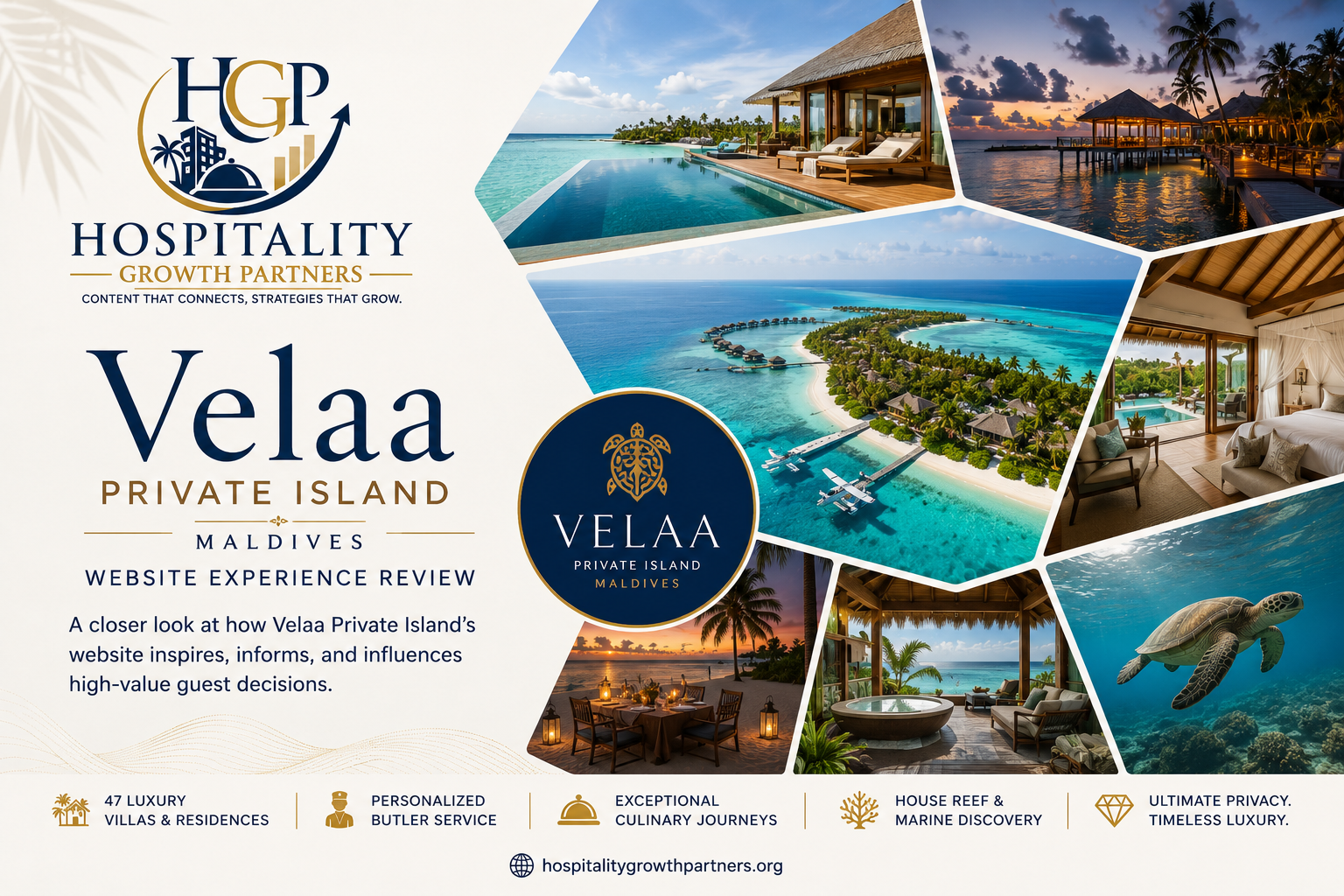 Velaa Private Island Maldives website experience review hero image featuring luxury villas, private island views, dining, spa, marine life, and the Hospitality Growth Partners logo.hotel lobby modern interior