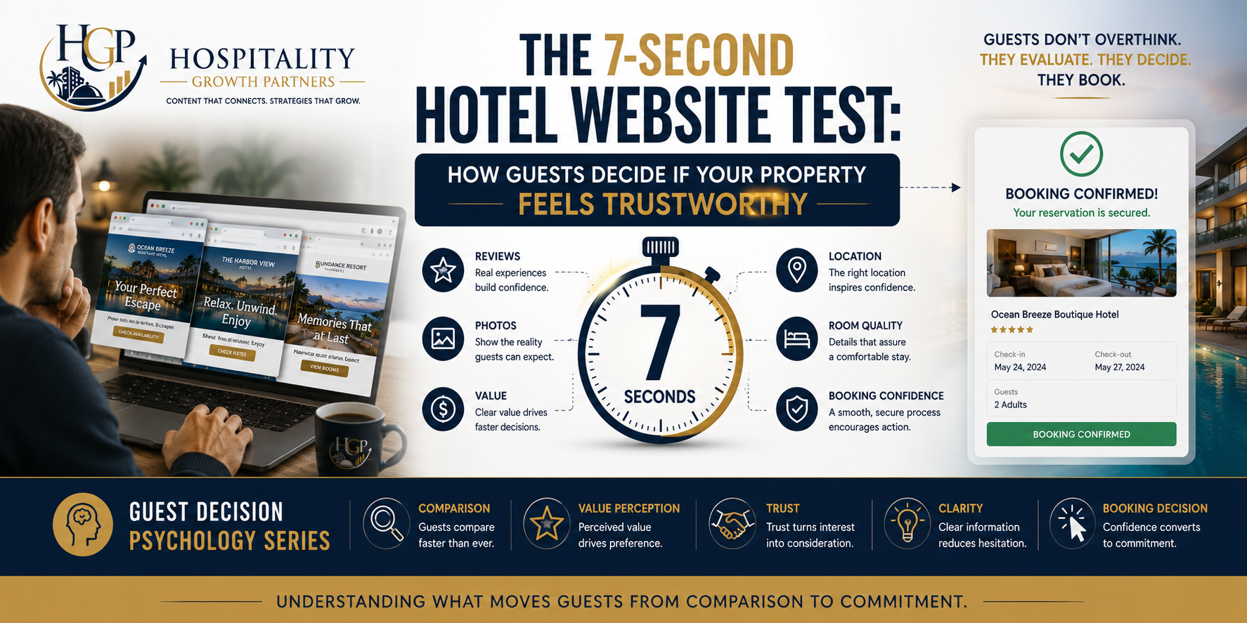 "The 7-Second Hotel Website Test showing how guests evaluate trustworthiness through reviews, photos, value, location, room quality, and booking confidence before making a reservation."
