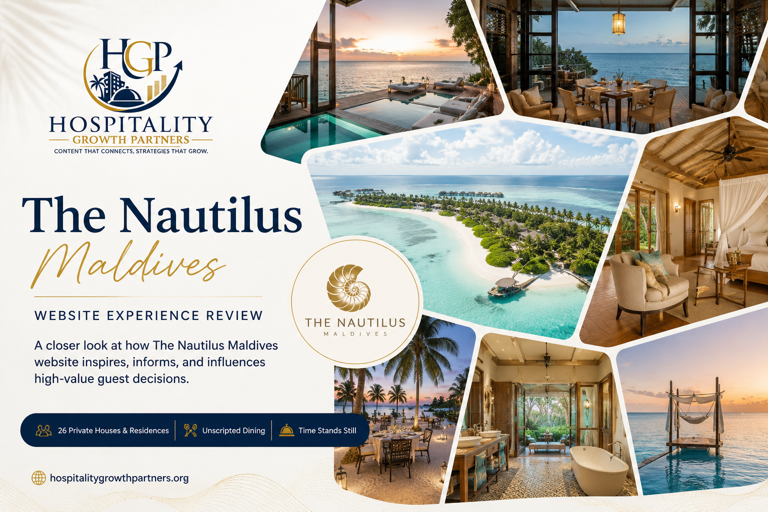 The Nautilus Maldives website experience review hero image featuring the HGP logo, luxury Maldivian island resort collage, private villas, ocean views, pool, dining, and the resort’s 26 private houses and residences.