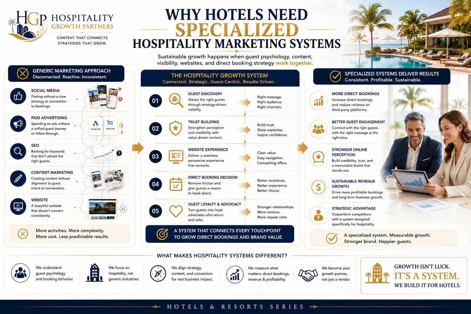 "Bright hospitality marketing banner illustrating the difference between disconnected marketing activities and a specialized hospitality growth system. The visual shows guest discovery, trust building, website experience, direct booking strategy, and guest loyalty working together to help hotels increase direct bookings, strengthen brand perception, improve guest engagement, and achieve sustainable revenue growth."