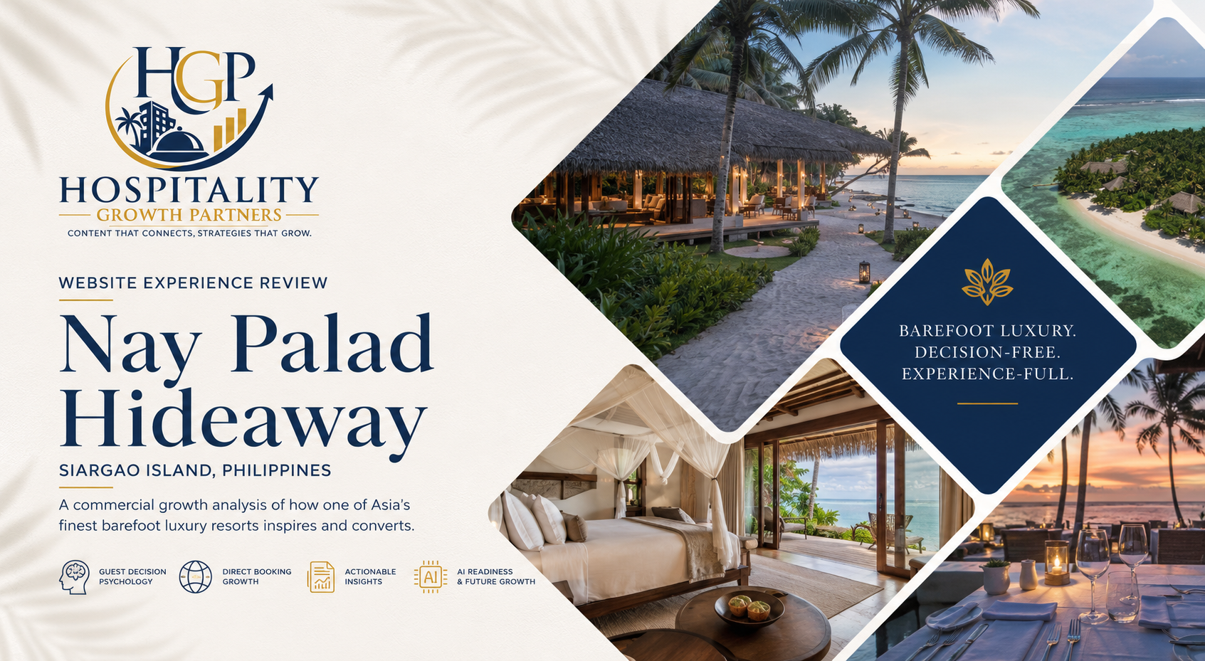 Hero banner for Hospitality Growth Partners' Website Experience Review of Nay Palad Hideaway, Siargao Island, Philippines, featuring luxury villas, tropical beaches, and barefoot luxury resort imagery.