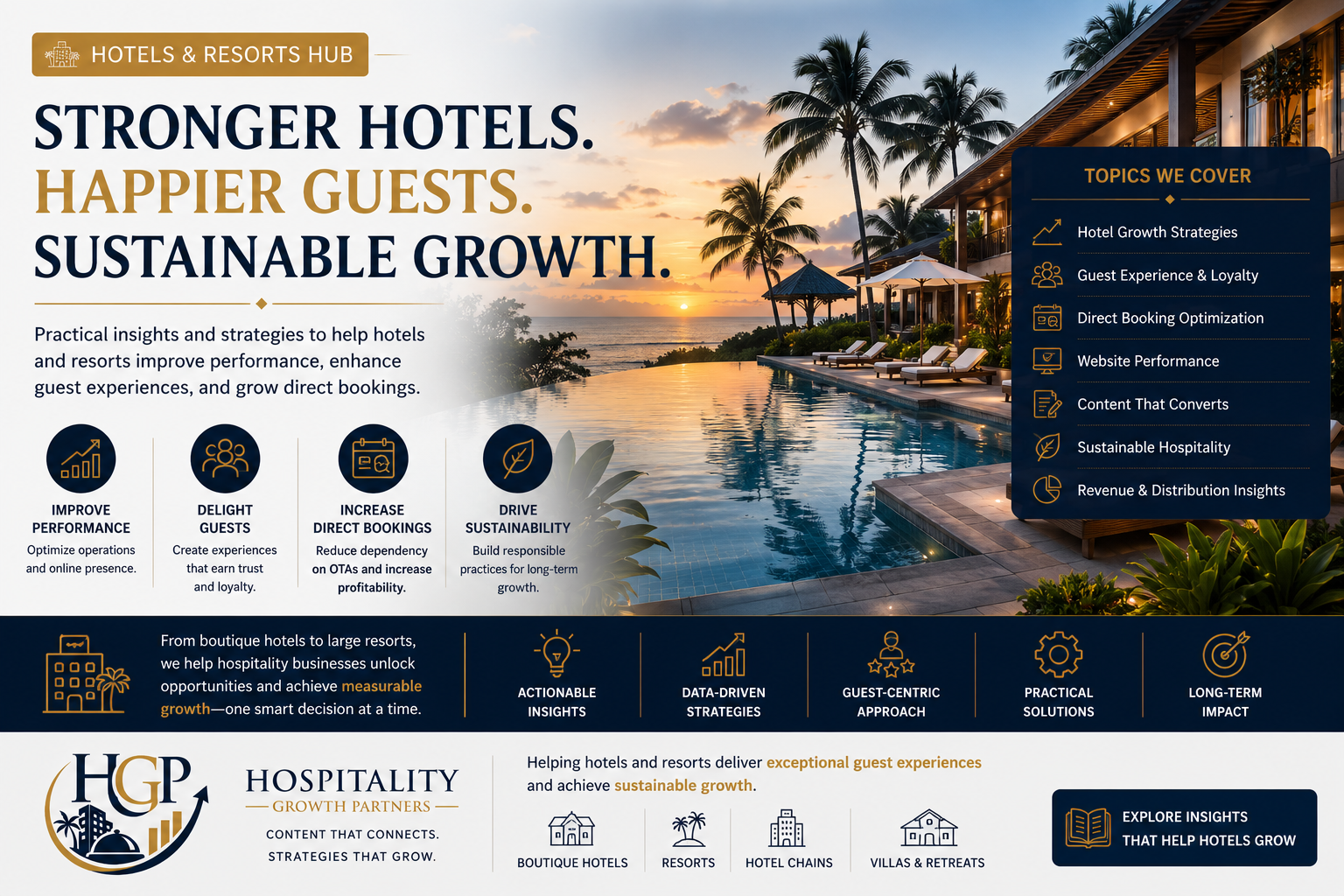 "Hotels and resorts insights covering guest experience, direct booking growth, website performance, revenue strategies, and sustainable hospitality success."