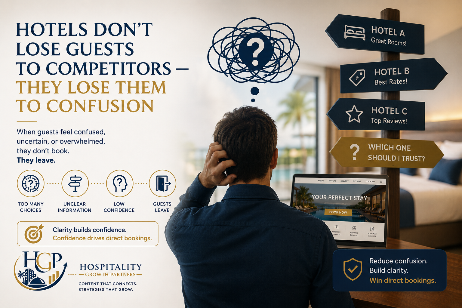 Illustration showing how guest confusion, unclear website messaging, and too many choices cause hotels to lose direct bookings before guests make a reservation.