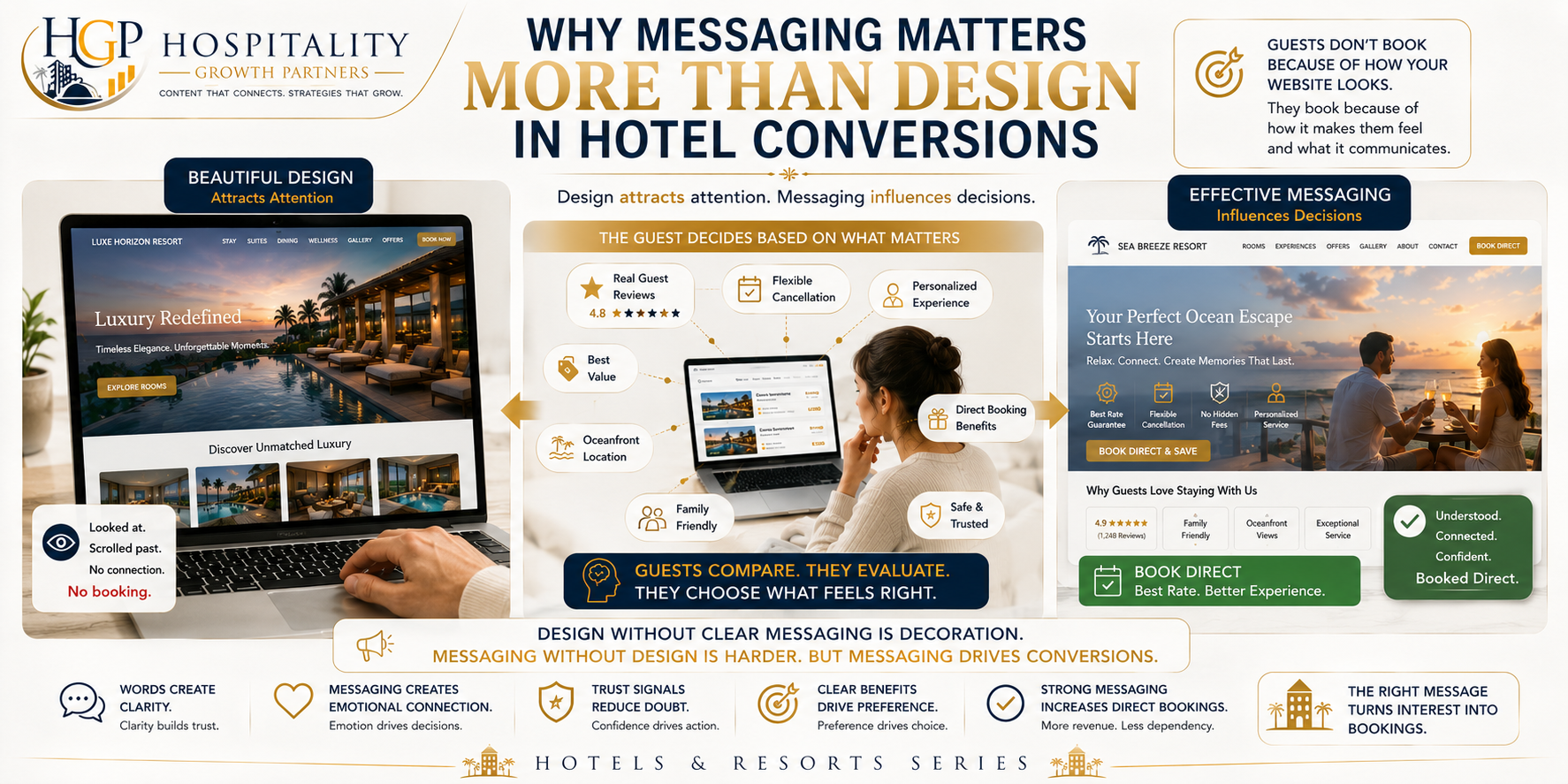 "Light-themed hospitality marketing banner comparing a visually stunning hotel website with a website that uses clear, trust-building messaging, showing how guests make booking decisions based on value, relevance, confidence, and emotional connection rather than design alone."