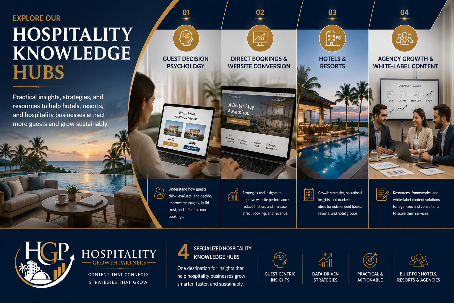 "Hospitality knowledge hub featuring insights on guest decision psychology, direct bookings, website conversion, hotels and resorts growth, and agency scaling strategies."